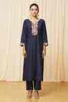 Buy Blue Linen, Cotton, Organza Embroidery, Floral Patchwork Placket ...