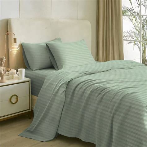 Tea Green Stripe Design Bedsheet with Pillow Cover – Vyaamo