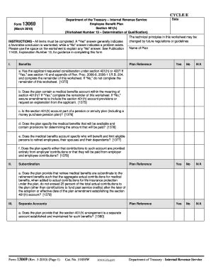 Fillable Online Form 13069 (Rev. 3-2010). Employee Benefit Plan ...
