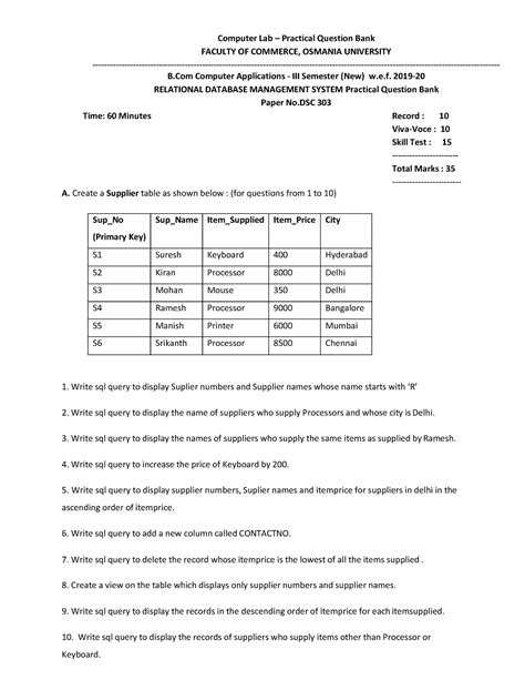 B.com III Sem(CA) Rdbms Lab Qoestion Bank 2019-20 - Computer Lab ...