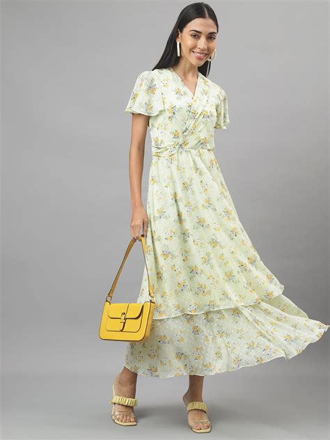 Green Half Sleeve V-Neck Floral Print Maxi Dress