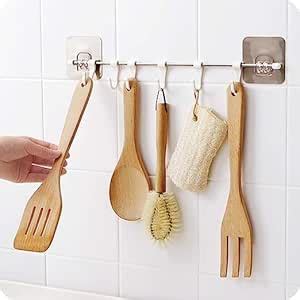 MN_Creation Self Adhesive Stainless Steel Rod with 6 Hooks Wall Mounted ...