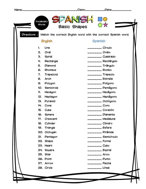 Spanish Basic Shapes Vocabulary Matching Worksheet & Answer Key ...