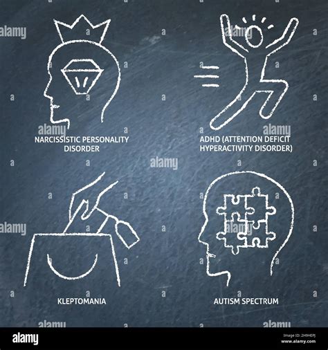 Chalkboard mental disorders icon set in line style. Narcissistic ...
