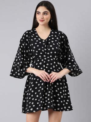 Buy SHOWOFFFF Women V-Neck Flared Sleeves A-Line Floral Black Above ...