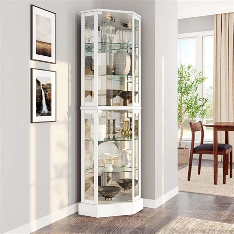 BELLEZE Lighted 3-Side Glass Display Curio Cabinet with Tempered Glass ...