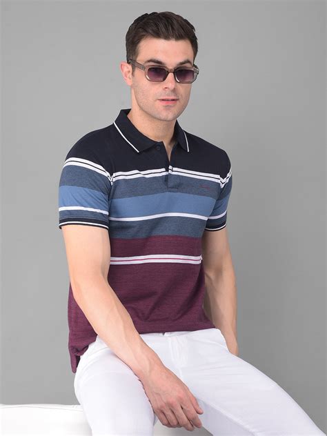 Elevate Your Casual Look with Cobb Navy Yale Blue Striped Polo Neck T ...