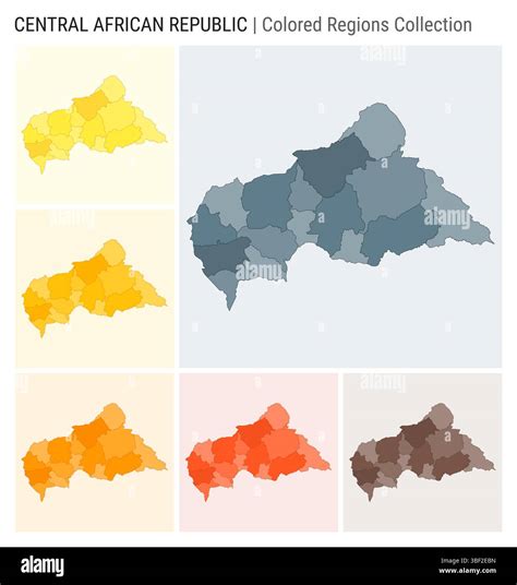 CAR map collection. Country shape with colored regions. Blue Grey, Yellow, Amber, Orange, Deep ...