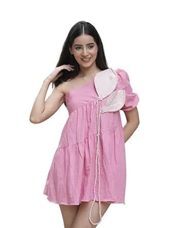 Buy swaruchii One-Shoulder Pink Cotton Mini Dress, Layered Design with ...