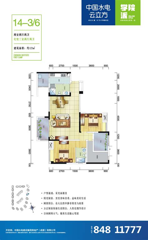 中国水电云立方两室两厅双卫户型图,2室2厅2卫121.00平米- 成都透明房产网