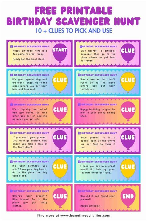 Free printable for a birthday scavenger hunt! Find 10+ clues to use for ...