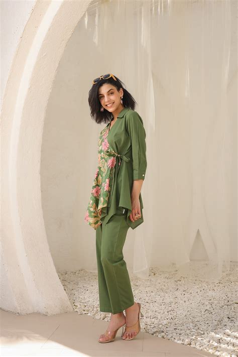 Colour Block Olive Green Cotton Flex Co-ord Set