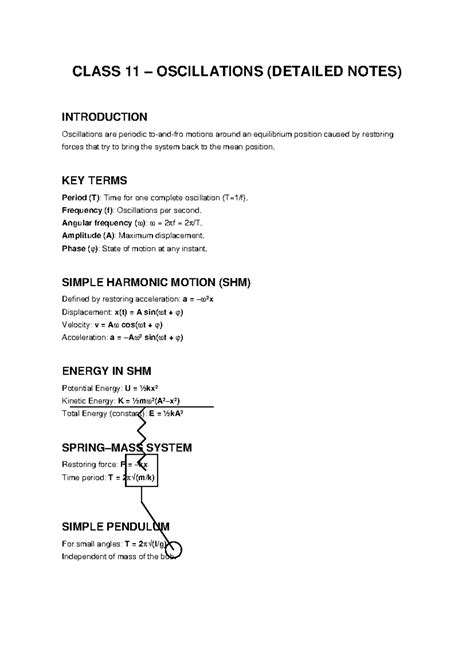 CLASS 11 OSCILLATIONS: DETAILED NOTES & KEY CONCEPTS - Studocu