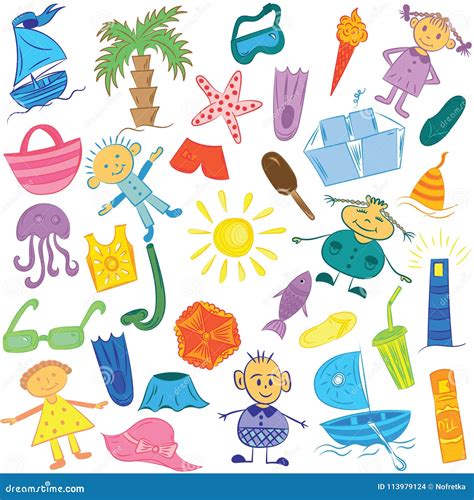 Hand Drawings of Summer Symbols with Children. Doodle Boats, Ice Cream ...