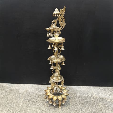 Brass Large Peacock Lamp Diya With Bells 3.5 Feet – StatueStudio