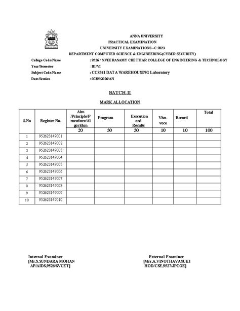 CCS341 Data Warehousing Practical Exam Mark Allocation - 2023 - Studocu