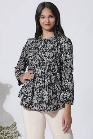 Buy Black Floral Printed Top With Front Pleats @ 1999 | W for woman ...