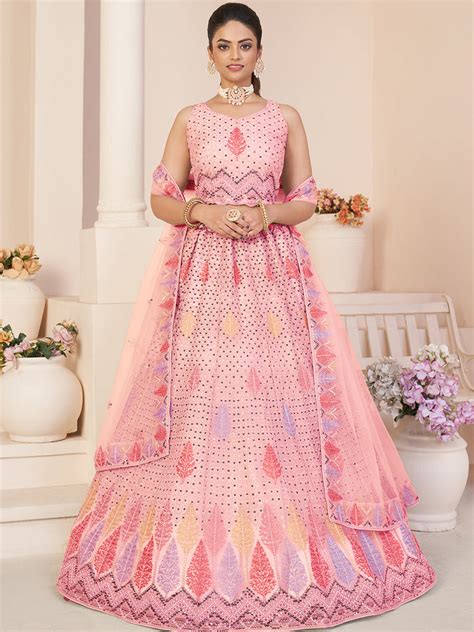 Pink Net Embroidered Semi stitched Lehenga With Unstitched b