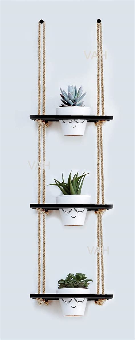 VAH Wood Hanging Planter Shelf Plant Hange Flower Pot Rack with Rope ...