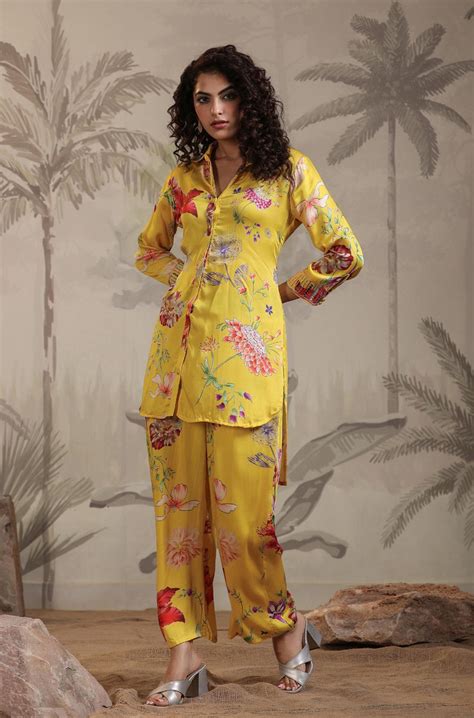 Shop Yellow Satin Floral Printed Co-Ord Set- Elegant Ethnic Wear ...