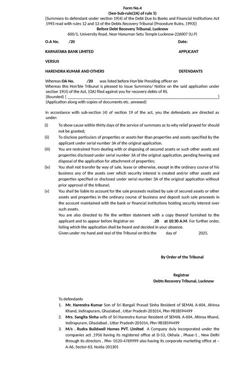 Form No. 4 Summons Notice under Debt Recovery Tribunal Act 1993 - Studocu