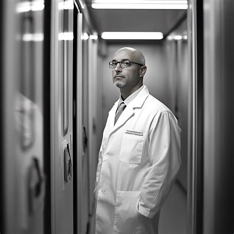 Confident doctor in a white coat standing in a hospital corridor ...