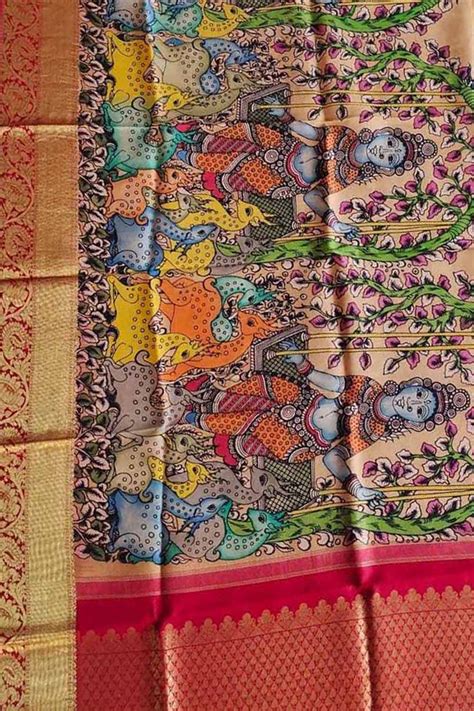 Stunning Multicolor Pen Kalamkari Pure Silk Dupatta: Kanjeevaram Border