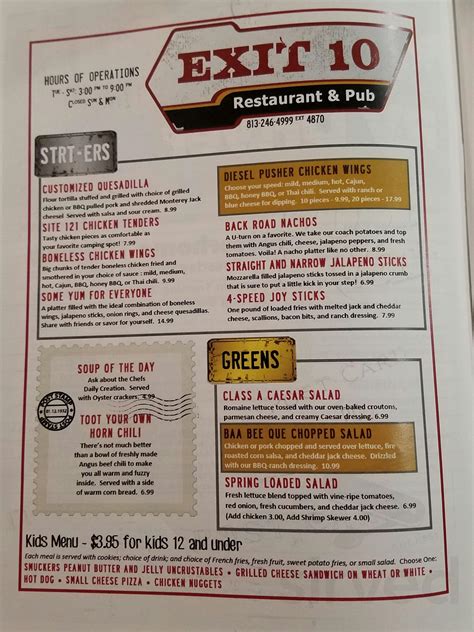 Menu for Exit 10 Restaurant and Pub in Seffner, Florida, United States