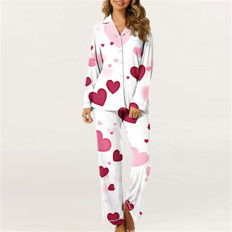 Moxiu Women Valentine's Day Pajamas Set Long Sleeve Love Heart Printed ...