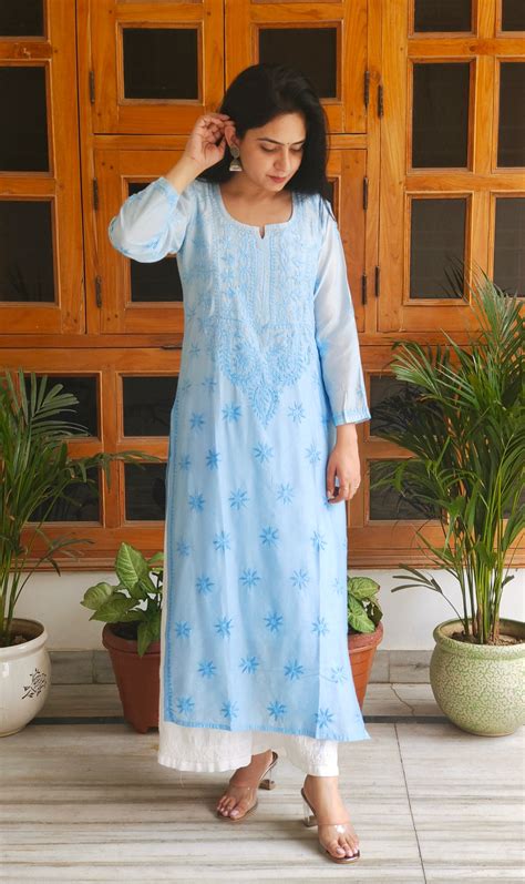 Long Chanderi Silk Chikankari Kurta (Long Top) – Awadh Chikankari Studio