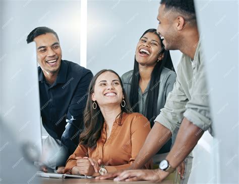 Business people computer and teamwork laugh in office group and ...