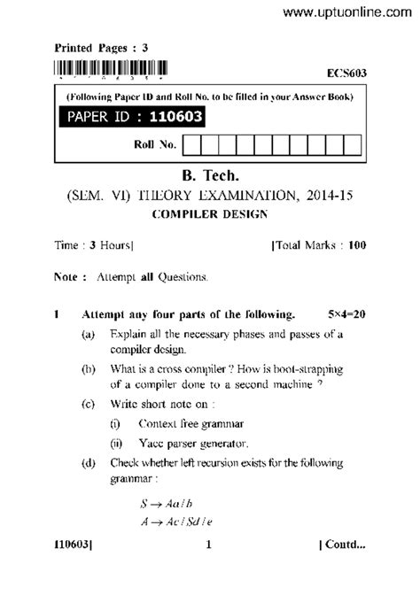 Btech cs 6 sem compiler design ecs 603 2015 - Compiler Design ...