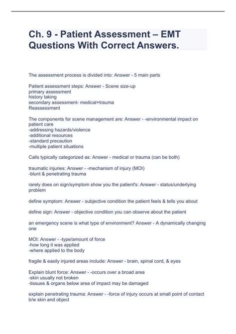 Ch. 9 - Patient Assessment – EMT Questions With Correct Answers ...