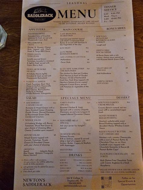 Menu at Newton’s Saddlerack steakhouse, Stephenville
