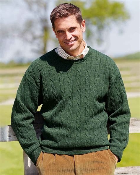 men's Green Cable Crew Neck Sweater | Country Collection