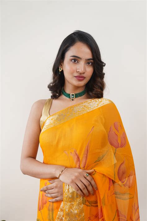Sunflower Yellow Floral Print With Zari Border Pure Chiffon Saree ...