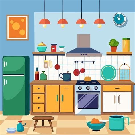 A cartoon kitchen interior with a green refrigerator a stove cabinets ...