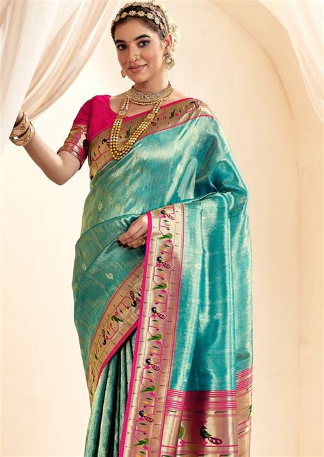 Handloom Paithani Tissue Silk Turquoise Blue Saree Online India USA UK ...