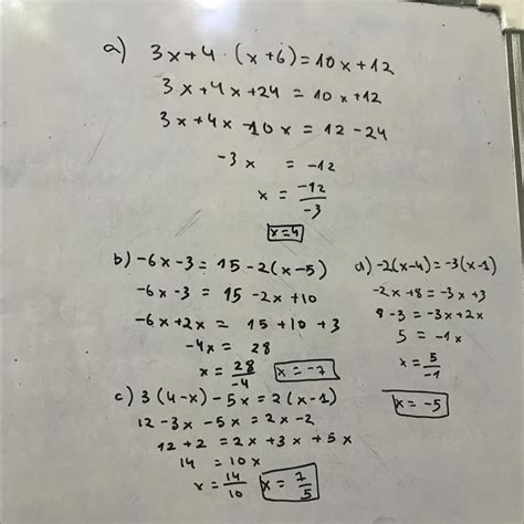 Resolver las siguientes ecuaciones: A) 3x+4.(x+6)=10x+12 B) -6x-3=15-2 ...