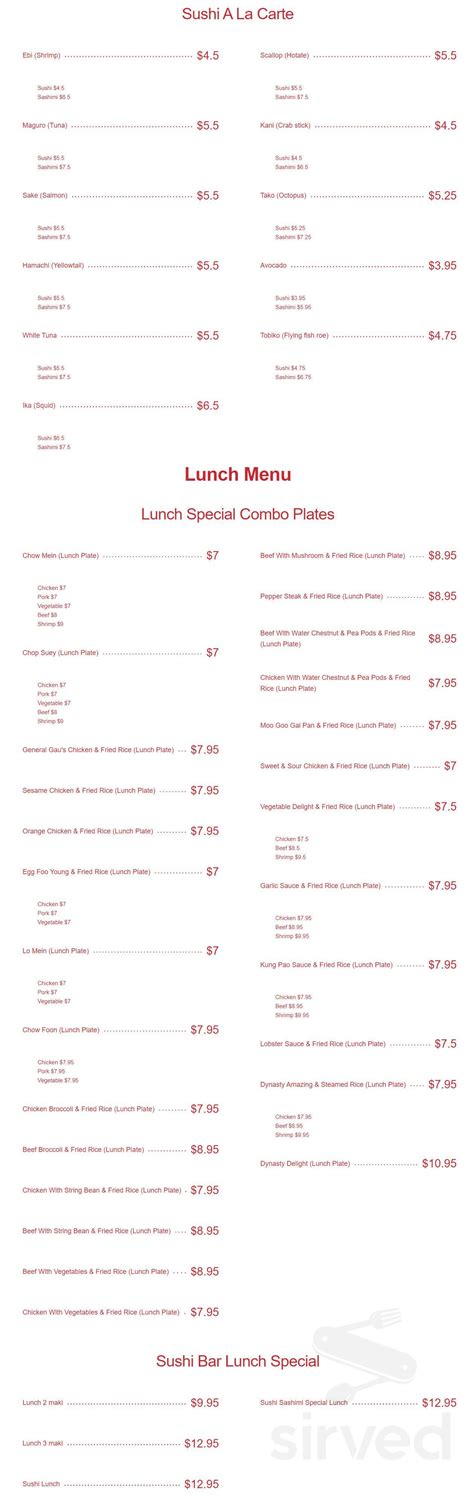 Ming Dynasty Chinese & Japanese Restaurant menu in Marshfield ...