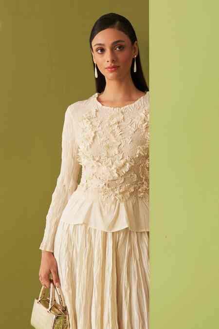 Buy Ivory Crepe Round Neck Textured Top And Skirt Set For Women by ...