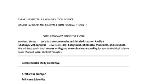 B.A. Hons. Political Science: Unit 5 - Kautilya's Theory of State - Studocu