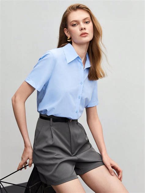 Solid Button Front Shirt | Blue shirt women, Light blue shirts, Work ...