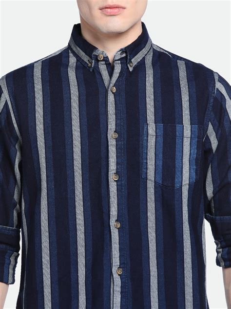 Men's Indigo Vertical Stripes Spread Collar Cotton Shirt – DENNIS LINGO