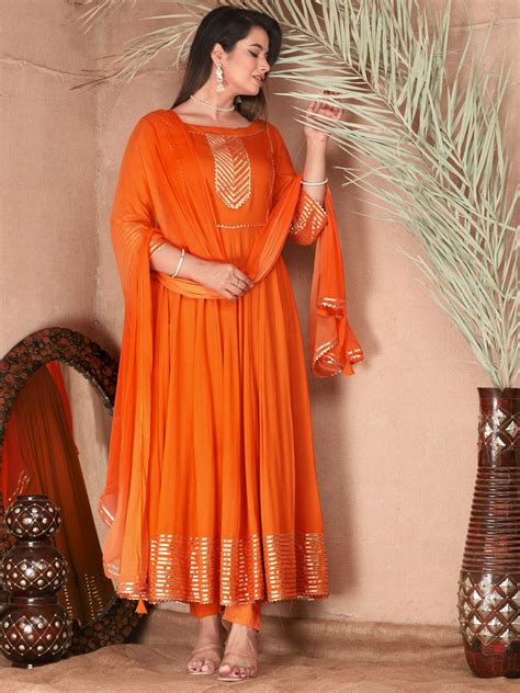 Women's Orange Gotta Patti Rayon Stiched Party Anarkali Kurta Set – Trendia