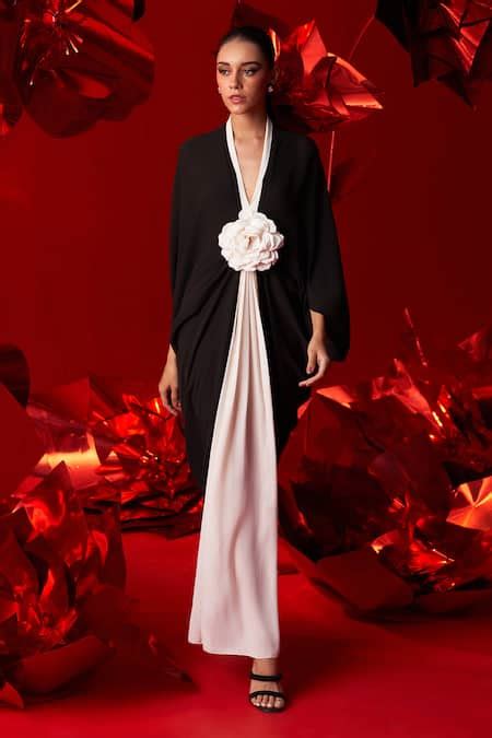 Buy Black Georgette Embroidery Plunge Neck Veela Draped Kaftan For ...