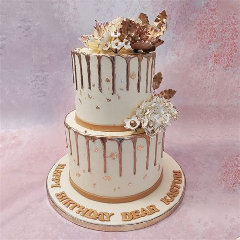 Two Tier Golden Drip Peony Cake | Gold Drip Cake | 50th Birthday cake ...
