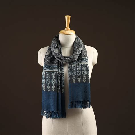 Blue Kutch Handwoven Block Print Merino Wool Ajrakh Stole