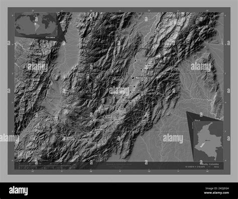 Huila, department of Colombia. Bilevel elevation map with lakes and rivers. Locations and names ...