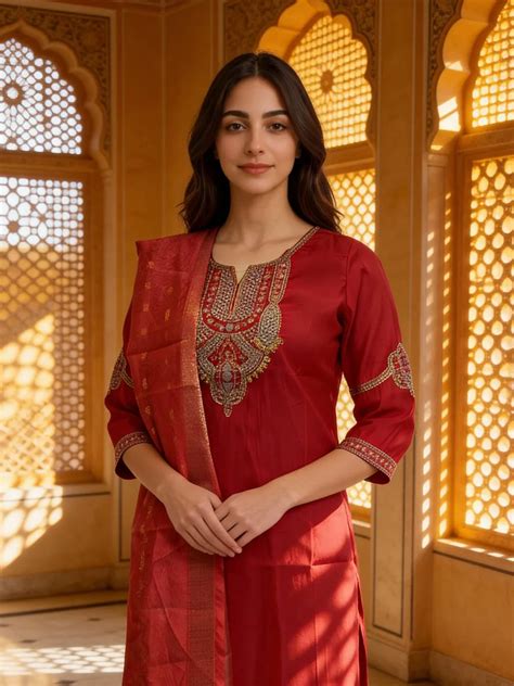 Poly Viscose Embroidered Straight Calf Length Kurta with Pant and Dupa ...